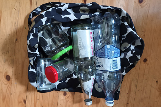 Plastic bottles and glass jars.