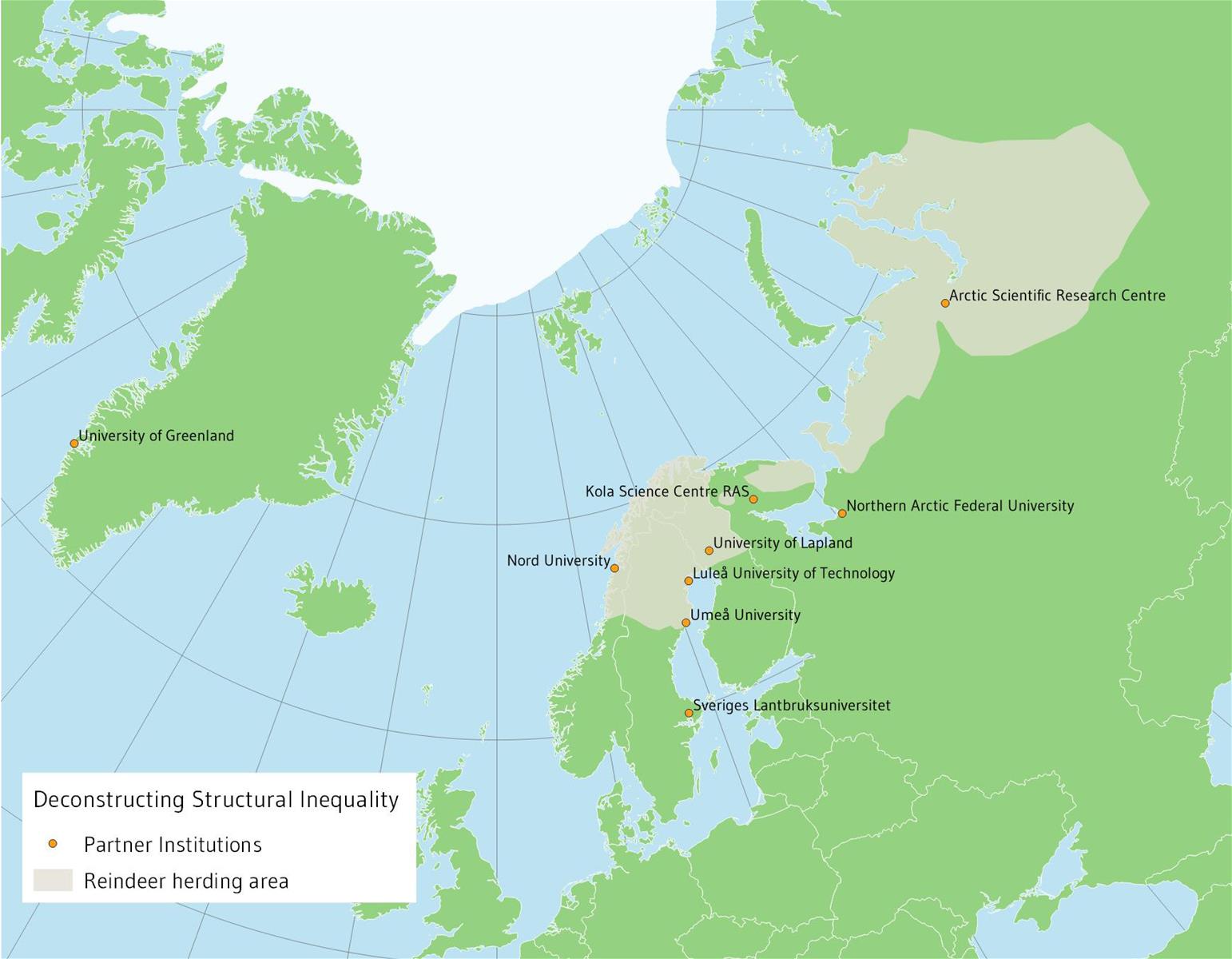 Map of partners and research area: Deconstructing Structural Inequality: Gender Equality in Reindeer Herding Sámi Communities